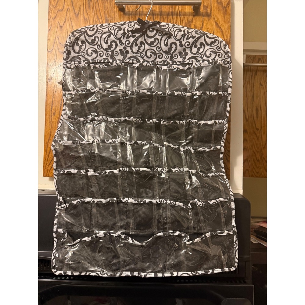 Hanging Jewelry‎ Organizer Double Sided Clear Pockets Black White Damask Scroll